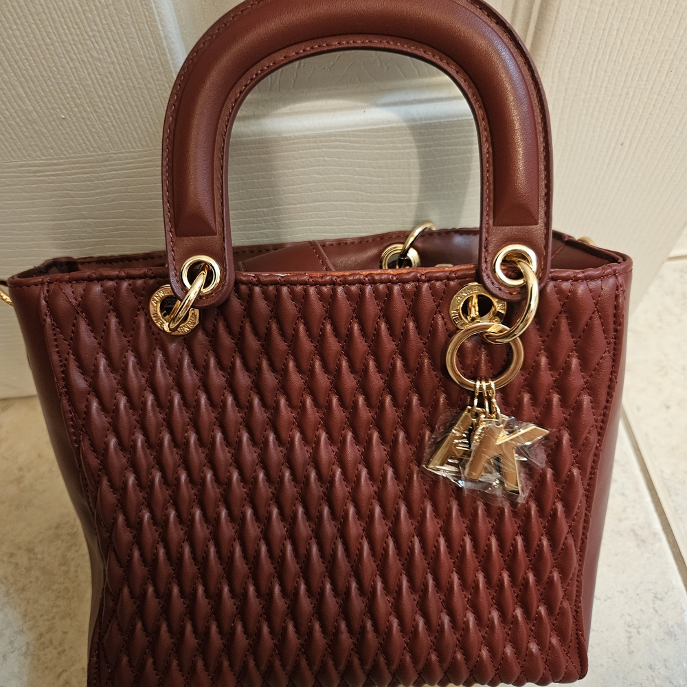 Anne Klein Quilted Satchel in Rich Brown with Gold Accents